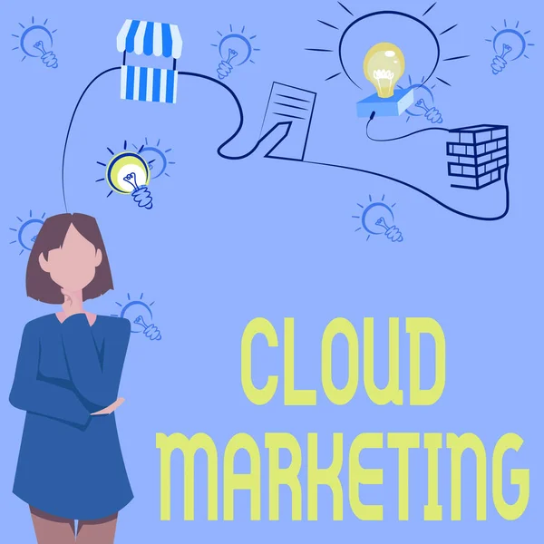 Написання тексту Cloud Marketing. Інтернет Концепція Процес організації з продажу їх послуг Жінка Інноваційне мислення Лідерські ідеї до стабільного майбутнього. — стокове фото