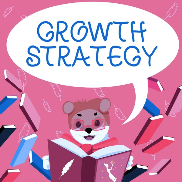 Tekst bijschrift waarin de groeistrategie wordt gepresenteerd. Business idee Strategie gericht op het winnen van een groter marktaandeel in korte termijn Fox Met Bril Zittend In Bibliotheek Lezen Een Boek Studeren. — Stockfoto