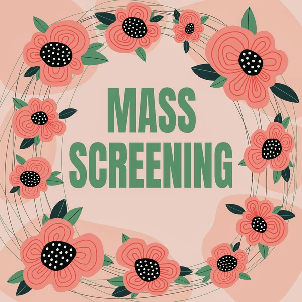 Handstil text massa screening. Begreppet betyder hälsoutvärdering utförs på en stor mängd av befolkningen Text ram omger med blandade blommor hjärtan och blad. — Stockfoto