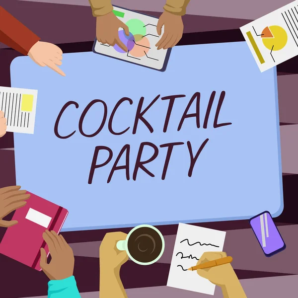 Handschrift tekst Cocktail Party. Concept betekent formeel feest met alcoholische dranken meestal in de vroege avond Collega 's Office Meeting Hebben Koffie Bespreken Toekomstige Projecten Grafieken. — Stockfoto