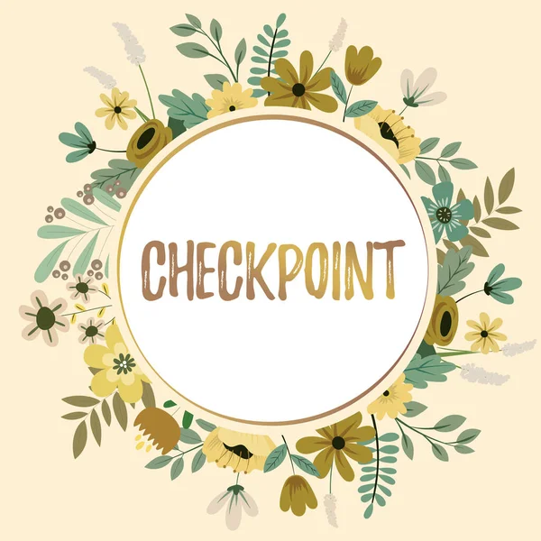 Texto mostrando inspiração Checkpoint. Business abordagem entrada tripulada, onde os viajantes estão sujeitos a verificações de segurança Texto Quadro Rodeado com Flores Sortidas Corações e Folhas. — Fotografia de Stock