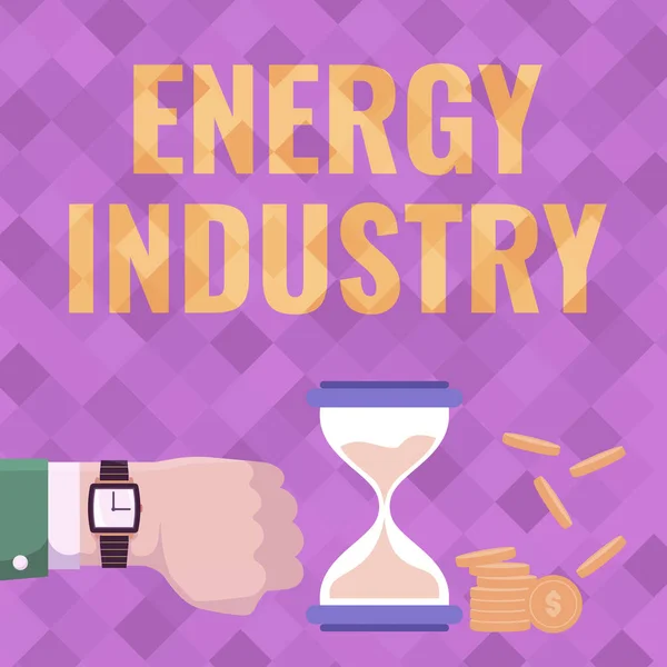 Escribir mostrando texto Industria de la Energía. Internet Concept industries involved in the production and sale of energy Businessman Using Wristwatch Showing Hourglass Indicating Valuable Measures. — Foto de Stock