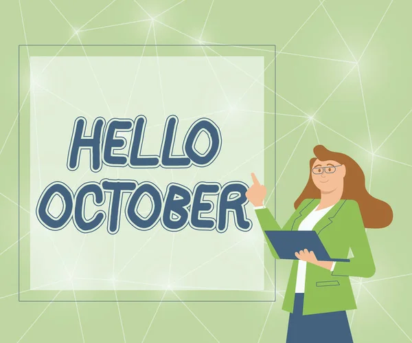 Az SMS-ben az áll: Hello October. Üzleti ötlet Utolsó negyedév Tizedik hónap 30 nap Szezon Köszöntés Illusztrációja Üzletasszony Állva tartja laptopját Bemutató ötletek. — Stock Fotó