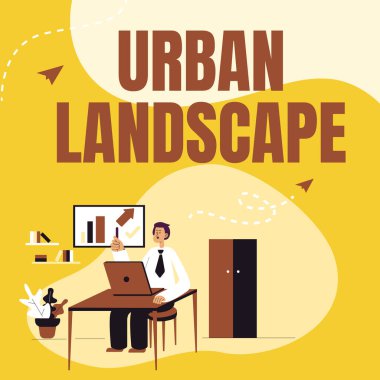 El yazısı, Şehir Peyzajı. New Technologies 'i sunan ve masasında oturan geniş bir adamın görüntülerini yakalayan internet kavramı..