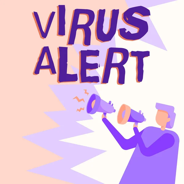 Virüs Alarmı 'nı gösteren bir işaret. Virüs Uyarısı İşadamı, elinde yeni duyurular yapan bir çift megafon taşıyor.. — Stok fotoğraf