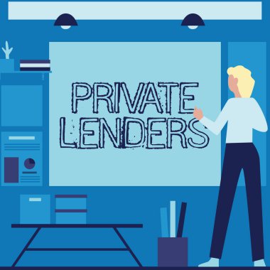 El yazısı tabelası Er Lenders. İş kadınlarına gündelik Ayakta Durma Çizelgeleri ve Yeni Harika Fikirler 'i gösteren bir kişi ya da organizasyon kavramsal fotoğrafı..
