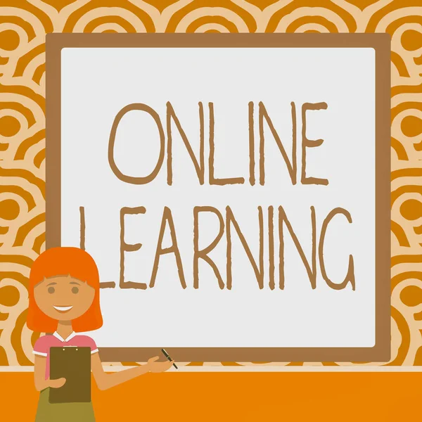 Segno di scrittura a mano Online Learning. Idea imprenditoriale Larning con l'assistenza di Internet e un computer Lady Drawing Standing Holding Appunti Presentare nuove idee per il team — Foto Stock