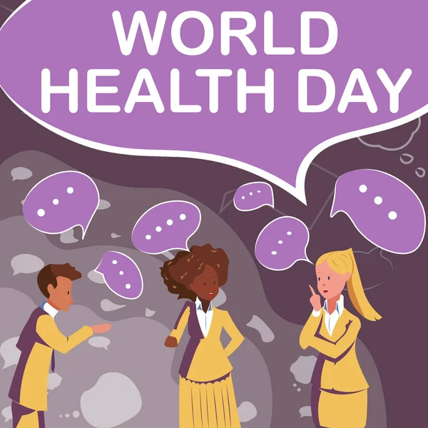 세계 보건의 날 (World Health Day) 은 다음을 가리킨다. 개념 상 의미하는 바는 기술을 발전시키기 위한 새로운 개념을 세워 나가는 파트너들의 세계 보건의 날 삽화. — 스톡 사진