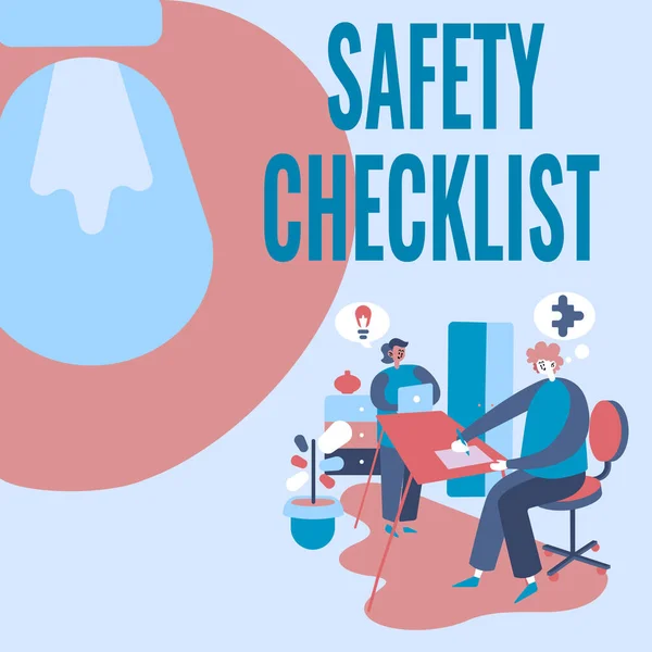 Text showing inspiration Safety Checklist. Internet Concept list of items you need to verify, check or inspect Partners Sharing New Ideas For Skill Improvement Work Strategies.
