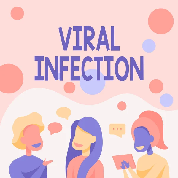 Inspiration visar tecken Virusinfektion. Internet Concept Viral Infektion Lyckliga vänner prata med varandra Ha kul konversation. — Stockfoto