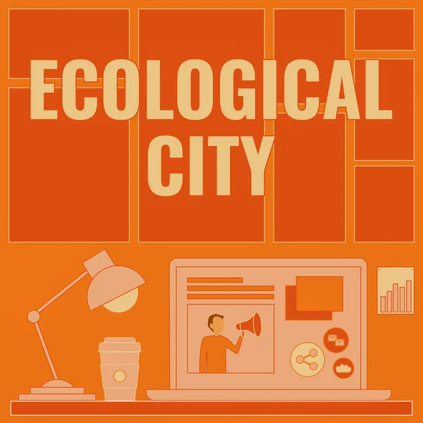 Visualizzazione concettuale Ecological City. Foto concettuale insediamento umano modellato sulla struttura autosufficiente computer portatile su un tavolo accanto a tazza di caffè e lampada da scrivania che mostra il processo di lavoro. — Foto Stock