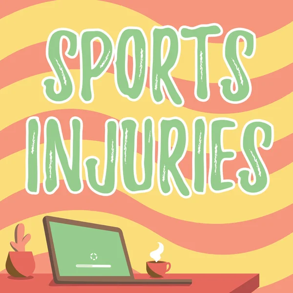 Sport sérülések kijelzése. Koncepció jelentése olyan sérülések, amelyek előfordulnak a sport vagy a testmozgás során Office Desk rajz Laptop toll tulajdonosa és egy nyitott és rendezett — Stock Fotó