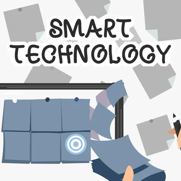 Текстовые подписи, представляющие Smart Technology. Концептуальные гаджеты или устройство, которое имеет встроенный компьютер или чип Фон Представление липкие заметки руки Записав бумагу поставив цели. — стоковое фото