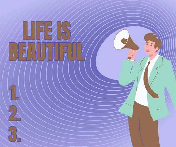 Legenda do texto apresentando Life Is Beautiful. Conceito significado desfrutar de cada momento inclui família natureza ou amigos Ilustração de um homem apontando para longe Segurando Megafone Fazendo Novo Anúncio — Fotografia de Stock