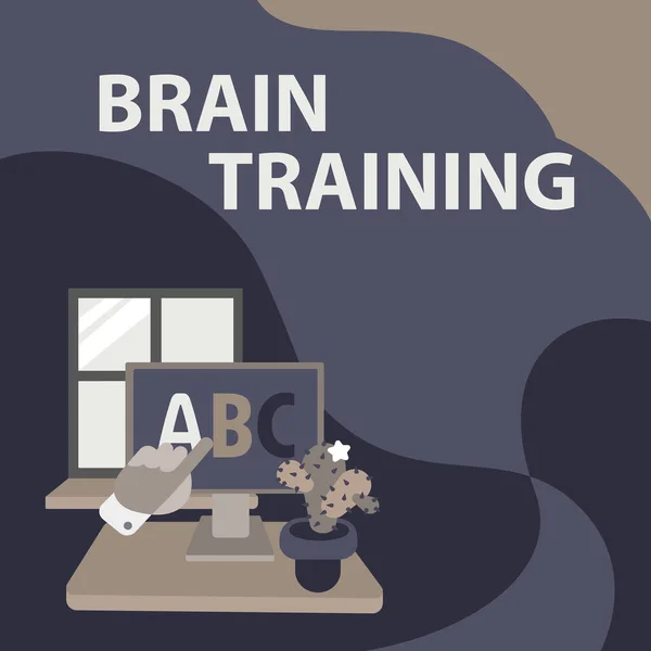 Вывеска "Обучение мозгу". Обзор предпринимательской деятельности для поддержания или улучшения когнитивных способностей Ручной показ писем, указывающих на экран веб-браузера с кактусом на стороне. — стоковое фото