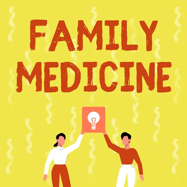 Az SMS-ben családi orvoslás van. Koncepció jelentése célja, hogy alapvető egészségügyi ellátást a családtagok Két Kollégák Holding Lamp Bemutatása Új teljesítmény Elért. — Stock Fotó
