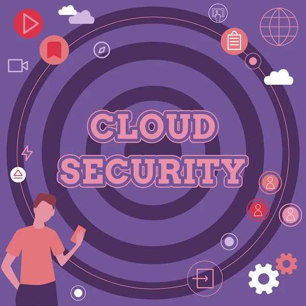 Podpis pokazujący Cloud Security. Internet Concept Ochrona przechowywanych informacji Bezpieczna technologia kontrolowana Biznesmen Innowacyjne myślenie Wiodące idee W kierunku stabilnej przyszłości. — Zdjęcie stockowe