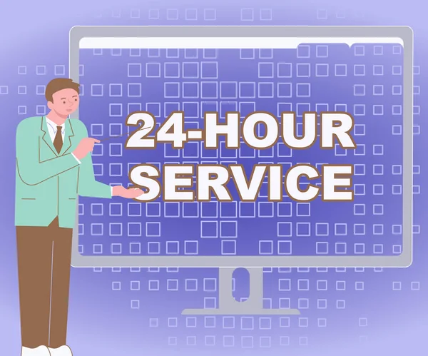 Text sign showing 24 Hour Service. Word Written on service that is available any time and usually every day Businessman Standing Presenting Charts Wonderful Ideas On Computer Screen — Stock Photo, Image