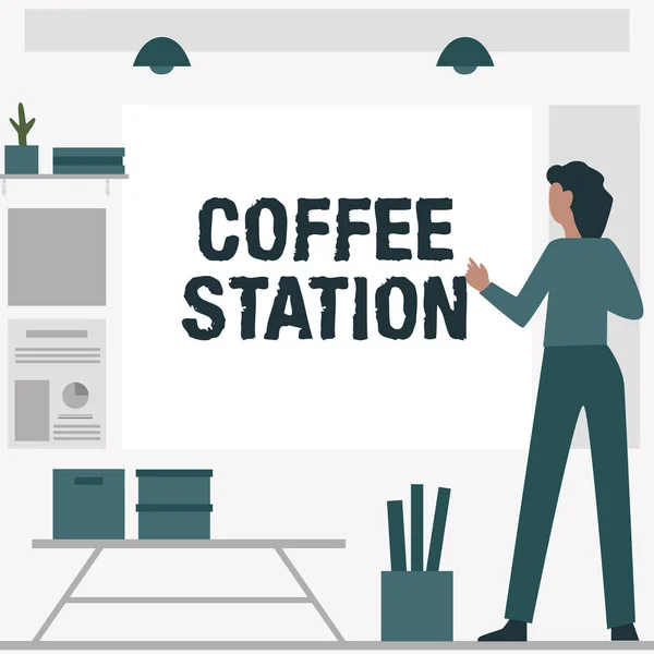 Inspiráció mutatja jel Coffee Station. Szó Írt egy kis informális étterem, ahol forró italokat szolgálnak fel üzletasszony alkalmi állandó bemutató diagramok és új csodálatos ötletek. — Stock Fotó