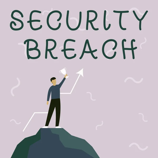Inspiration showing sign Security Breach. Word Written on incident that results in unauthorized access of data Businessman Drawing Standing On Big Rock Proudly Holding Trophy. — Stock Photo, Image