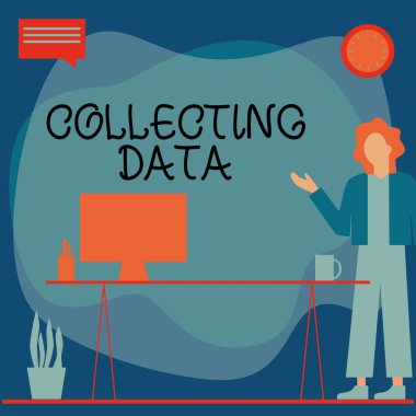 Kavramsal Görüntü Toplama Verisi. İş Fikri Toplama ve Değerlendirme İlgili Değişkenler Hakkında Bilgi Toplama ve Ölçme Kadın Ayakta duran Ofis Konuşma Baloncuğu Çiçek Vazosu Yanında Laptop Kullanıyor.