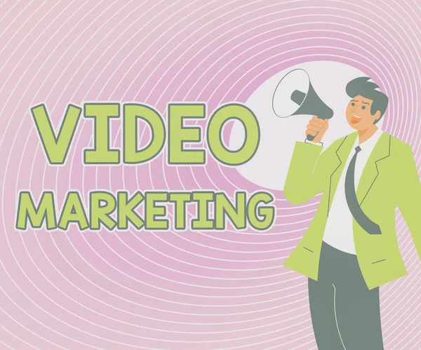 Visualizzazione del segno Video Marketing. Approccio commerciale Video Marketing Illustrazione di un uomo che indica lontano tenendo Megafono Fare nuovo annuncio — Foto Stock
