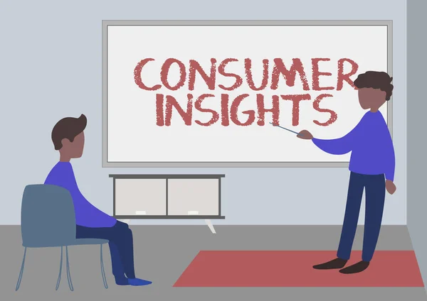 Conceptuele weergave Consumer Insights. Word Geschreven op het begrijpen van klanten op basis van hun koopgedrag Leraar en student tekenen met klasse privé in een klaslokaal. — Stockfoto