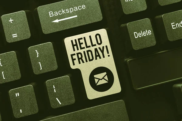 Inspiráló szöveg Hello Friday. Word for Hagyja, hogy a hétvége kezdődik, és ideje, hogy pihenjen, és ünnepeljük Átalakítása Analóg adatok Digitális média, Gépelés Fórum hasznos tippek — Stock Fotó