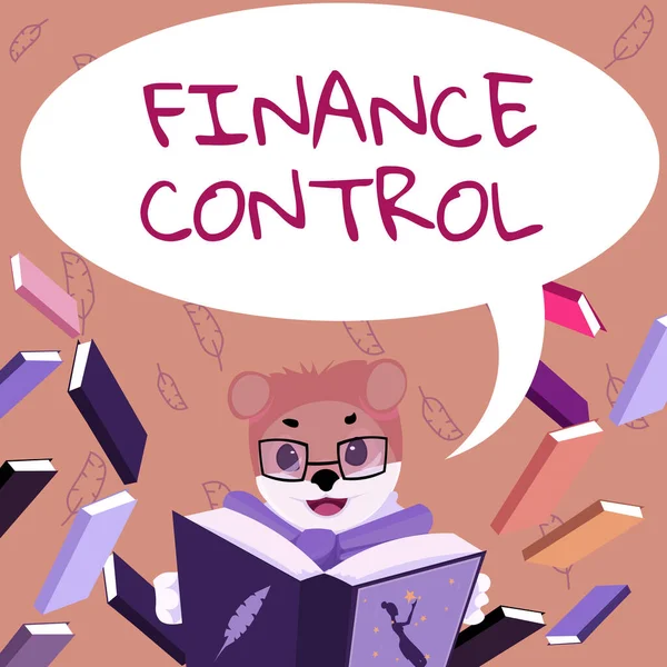 Фінансовий контроль концептуального підпису. Концепт означає процедури, які реалізовані для управління фінансами Fox з окулярами сидячи в бібліотеці читання книги вивчення. — стокове фото