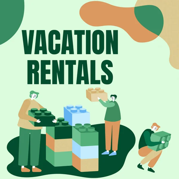 Writing displaying text Vacation Rentals. Business overview Renting out of apartment house condominium for a short stay Colleagues Displaying Cube Representing Teamwork Discussing Future Project. — Stock Photo, Image