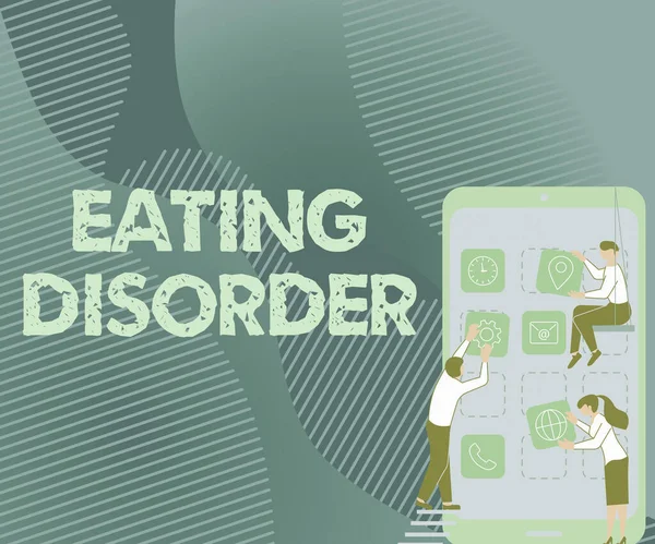 İlham veren yemek yeme bozukluğunu gösteren metin. S Dekorasyon Mobil Uygulaması taşıyan üç meslektaşın anormal veya rahatsız yeme alışkanlıklarıyla karakterize edilen iş genel görünümü.