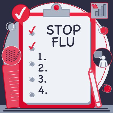 İlham veren metin Gribi Durdur. İş vitrininde grip virüsü panosunun sebep olduğu bulaşıcı solunum hastalığını listedeki İşaretli İşaretli Ögeler ile tedavi edin.