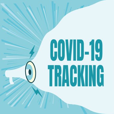 El yazısı işareti Covid 19 izleme. Hastalıklı bireylerin ayırt etme süreci. Megafon çizimi. Boş Bulut 'a Yeni Gürültülü Duyuru..