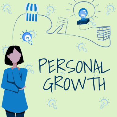 Text caption presenting Personal Growth. Business idea improve develop your skills qualities Learn new materials Woman Innovative Thinking Leading Ideas Towards Stable Future. clipart