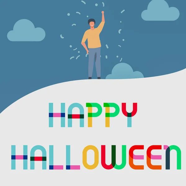 Text, der Inspiration zeigt Happy Halloween. Konzept bedeutet Abend vor den christlichen Feiertagen Allerheiligen Mann Zeichnung Raising Hand Sky Standing Hill zeigt Erfolg. — Stockfoto