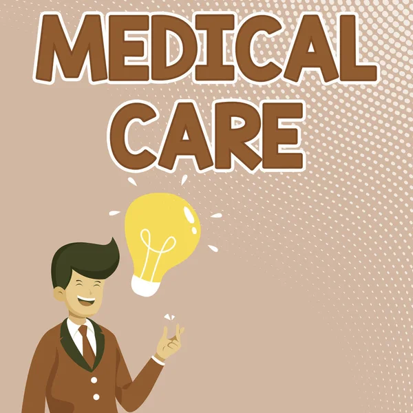 Writing displaying text Medical Care. Business concept services related to the maintenance of health and treatment Gentleman Drawing Standing Having New Idea Presented With Light Bulb. — Stock Photo, Image