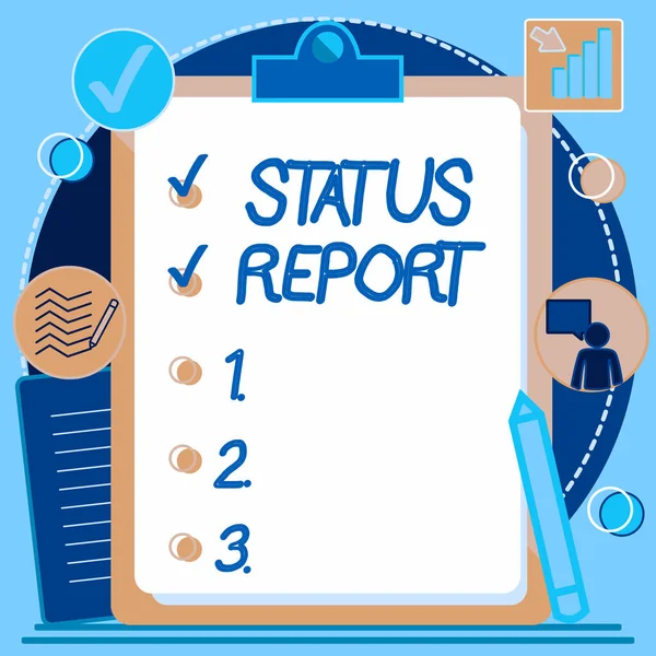 Tekst met inspiratie Status Rapport. Concept betekent Update Samenvatting van situaties vanaf een periode van tijd Klembord Tekenen met Checklist gemarkeerd Gereed items Op de lijst. — Stockfoto