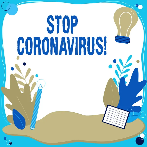 Εννοιολογική απεικόνιση Σταματήστε τον ιό Coronavirus. Επιχειρηματική προσέγγιση εκστρατεία ευαισθητοποίησης των ασθενειών καταπολέμηση για να μειώσει τις περιπτώσεις COVID19 Πλαίσιο κειμένου που περιβάλλεται με διαφοροποιημένα λουλούδια καρδιές και φύλλα — Φωτογραφία Αρχείου