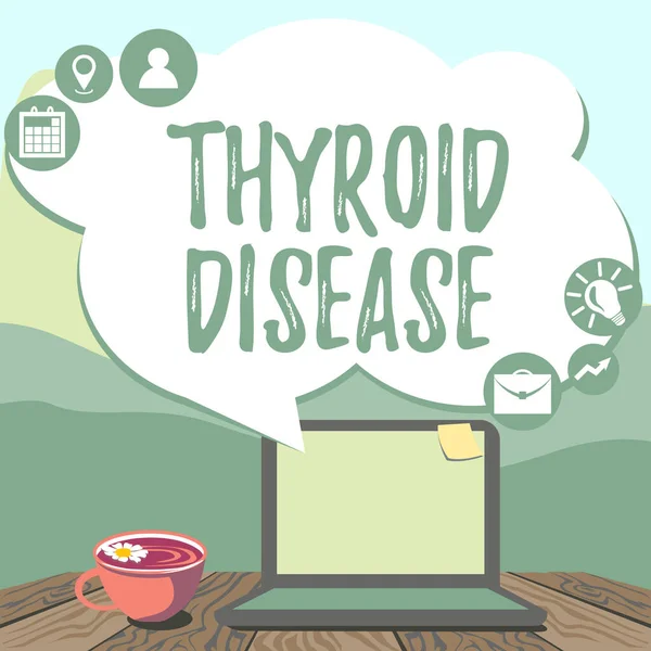 Conceptual caption Thyroid Disease. Internet Concept the thyroid gland fails to produce enough hormones Hand Typing On Laptop Beside Coffe Mug And Plant Working From Home.