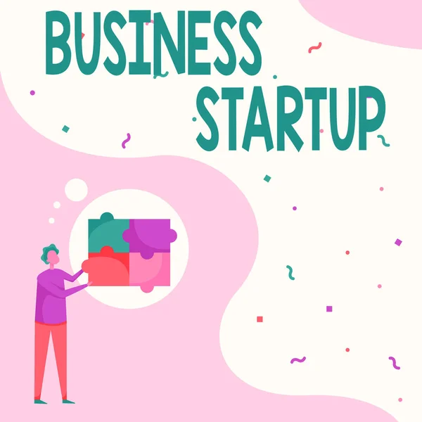 Podpis koncepcyjny Business Start Up. Biznes showcase wprowadzenie nowych przedsięwzięć handlowych Fresh Man Przedsiębiorstwo Rysunek Stojący Montaż Cztery elementy układanki. — Zdjęcie stockowe