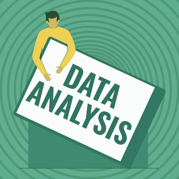 데이터 분석 (Data Analysis) 은 데이터 분석을 의미 한다. Business overview Translate numbers to Analytical Conclusion Forecast Gentlemen Drawing Holding A Huge Blank Clipboard. — 스톡 사진