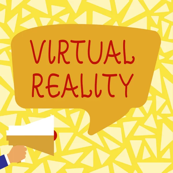 Sinal de texto mostrando a realidade virtual. Conceito de Internet Realidade Virtual Megafone Alto Fazer Novo Anúncio Maravilhoso Para o Público — Fotografia de Stock