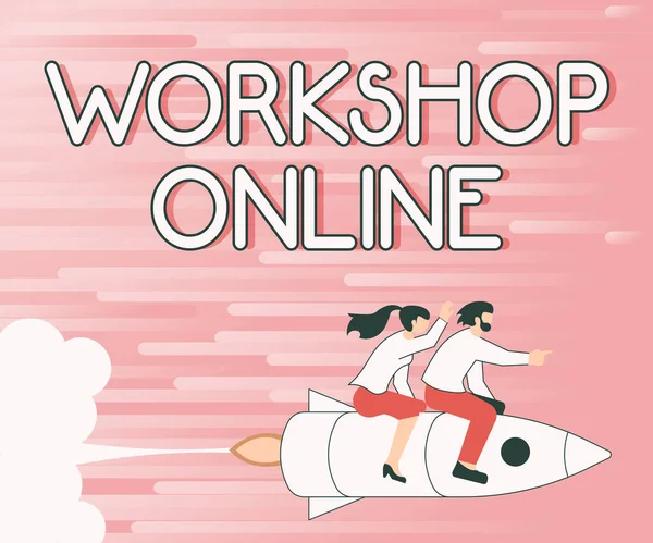 Κείμενο που δείχνει έμπνευση Workshop Online. Word for Workshop Online Εικονογράφηση των ευτυχισμένων εταίρων ιππασία σε Rocket πλοίο εξερεύνηση του κόσμου. — Φωτογραφία Αρχείου