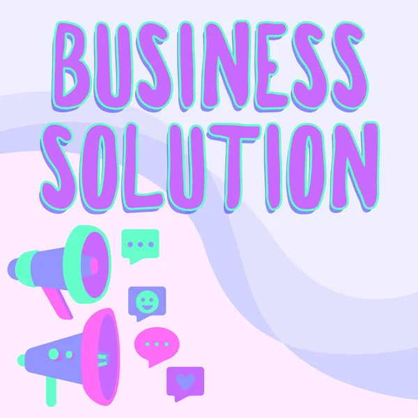 Text bildtext som presenterar Business Solution. Affärsöversikt Tjänster som inkluderar strategisk planering och utvärdering Megafoner Ritning Ge positiva kommentarer Tillkännagivande — Stockfoto