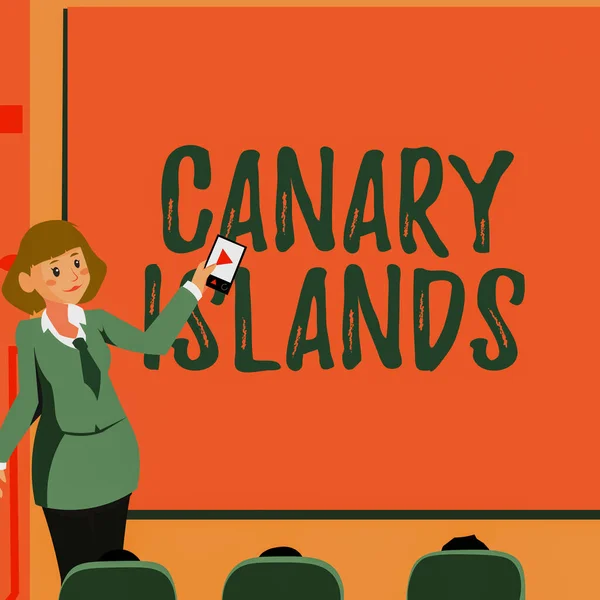 Bildunterschrift: Kanarische Inseln. Konzept für eine Gruppe bergiger Inseln im Atlantik Frau mit Fernbedienung präsentiert neueste Ideen auf dem Bildschirm. — Stockfoto