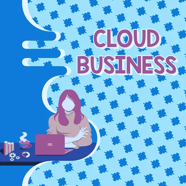 Text bildtext som presenterar Cloud Business. Business showcase computing som bygger på delade datorresurser Kvinna Sitting Använda laptop Online Session Diskutera Senaste projekten. — Stockfoto