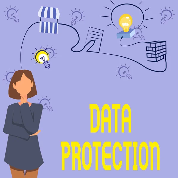 Text showing inspiration Data Protection. Business idea Protect IP addresses and personal data from harmful software Woman Innovative Thinking Leading Ideas Towards Stable Future.