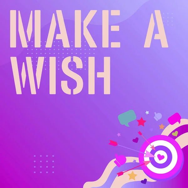 Texto que muestra inspiración Make A Wish. Enfoque de negocios Para tener sueños deseos sobre eventos futuros Sea positivo Presentando mensaje Golpeando el concepto objetivo, Resumen Anunciando objetivo — Foto de Stock