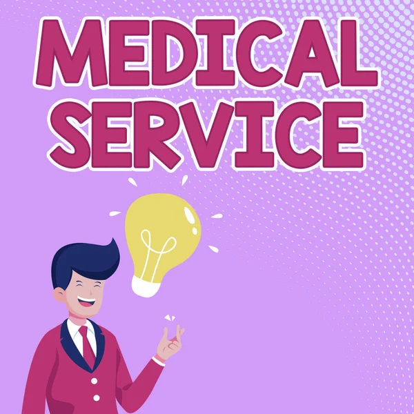 Sign displaying Medical Service. Business showcase Doing medical support to treat illness and injuries Gentleman Drawing Standing Having New Idea Presented With Light Bulb. — Stock Photo, Image