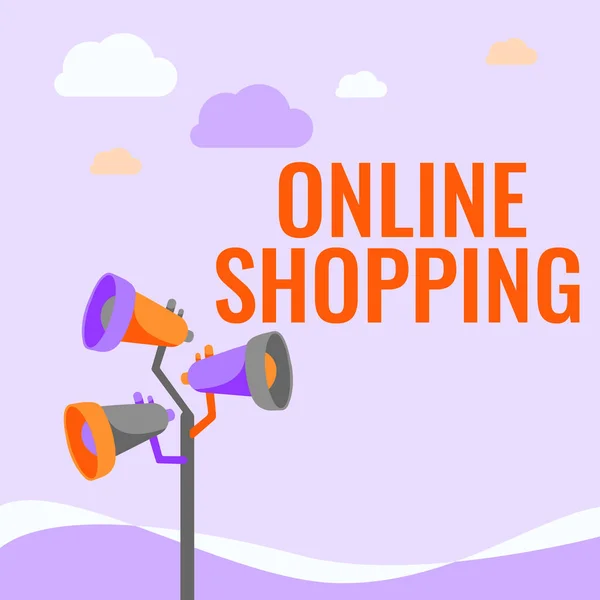 Teksten weergeven Online winkelen. Internet Concept stelt consumenten in staat om hun goederen te kopen via de Internet Pole Megaphones Tekenen maken aankondiging aan een open ruimte. — Stockfoto